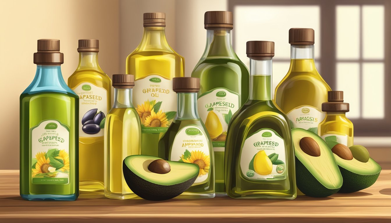 A bottle of grapeseed oil sits next to a variety of alternative oils, such as avocado, sunflower, and olive oil, on a wooden kitchen counter