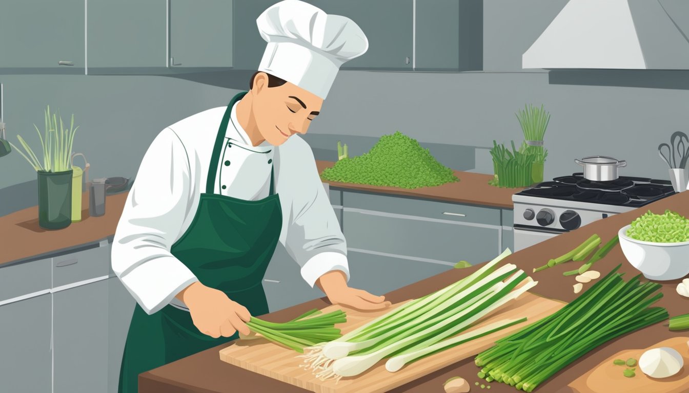 A chef using chives, leeks, or scallions as green garlic substitutes in a recipe, carefully measuring and chopping the ingredients