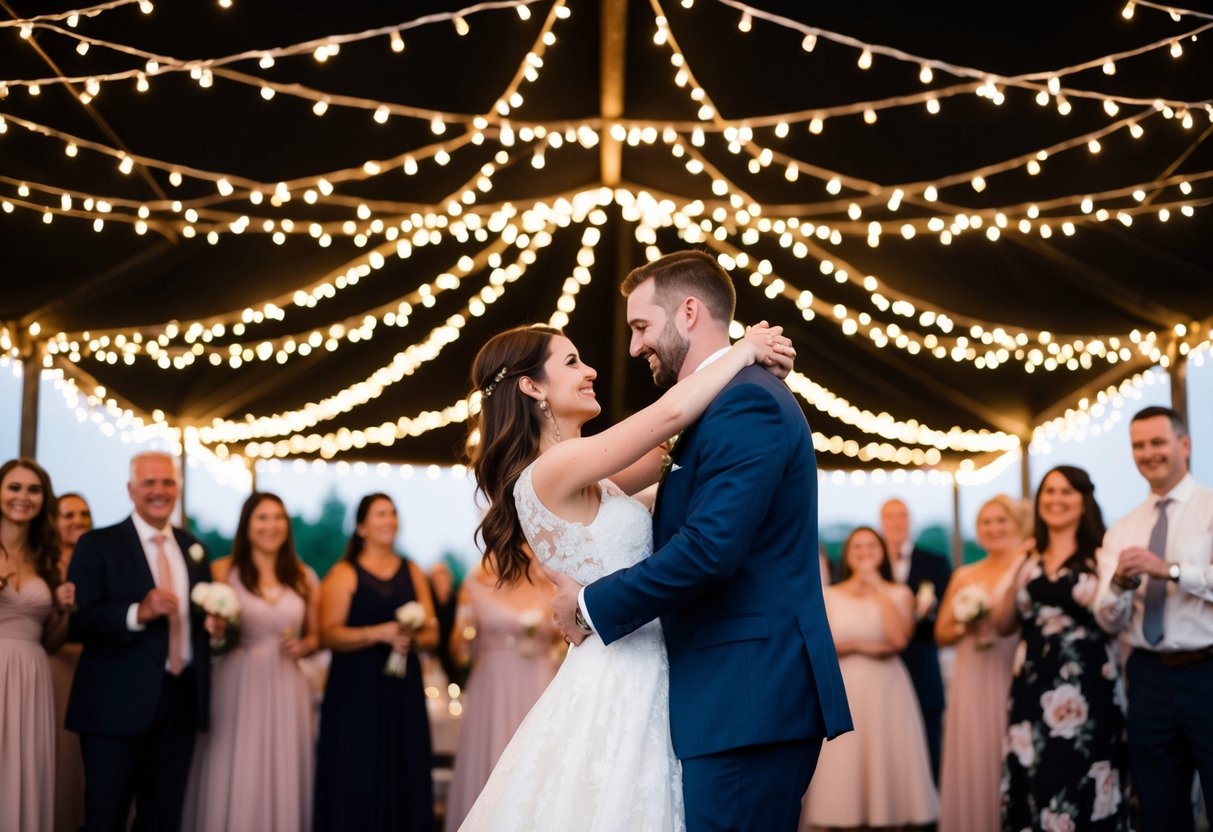 A couple dancing under a canopy of twinkling lights, surrounded by loved ones