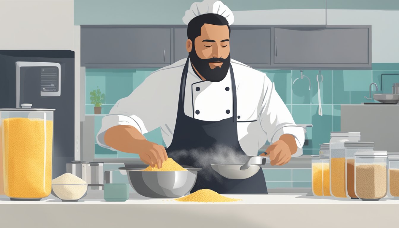 A chef pours specialty substitutes into a pot of boiling water, while a bag of grits sits unopened on the counter