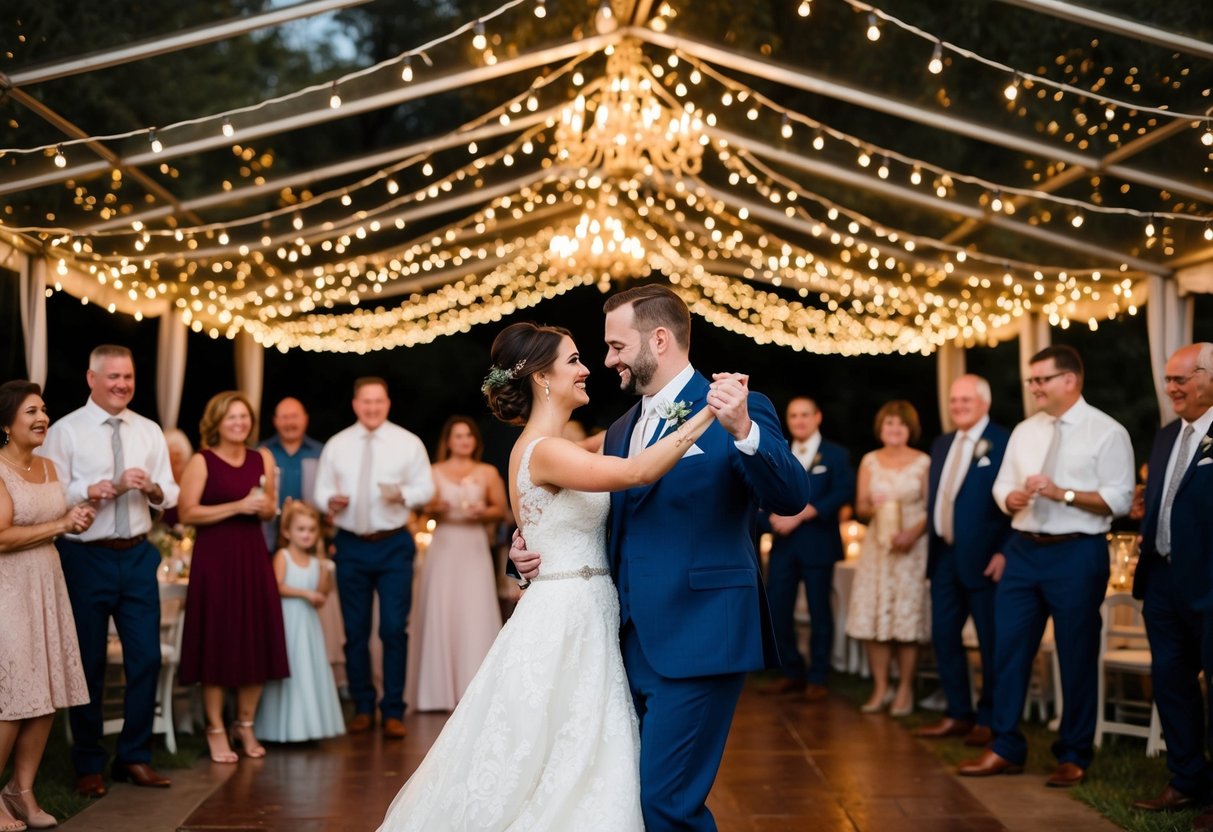 A bride and groom dancing under a canopy of twinkling lights, surrounded by family and friends at a romantic outdoor wedding reception
