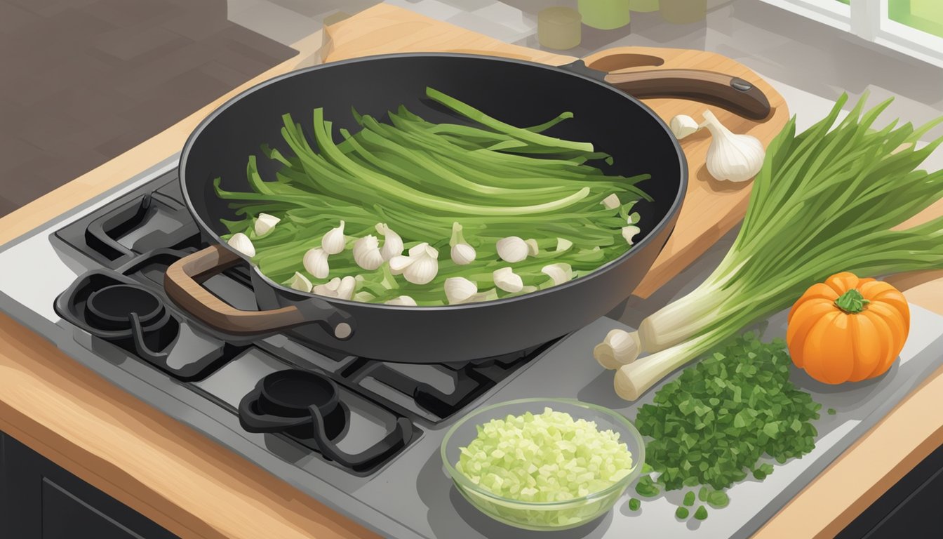 Fresh green garlic being chopped and added to a sizzling pan of vegetables, with alternative substitutes displayed nearby