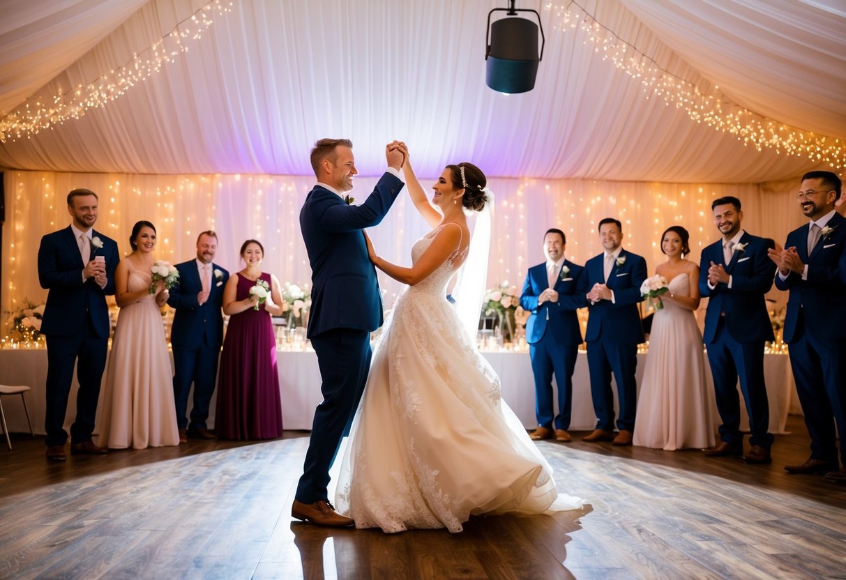 A bride and groom dancing under a spotlight, surrounded by twinkling fairy lights and romantic decor