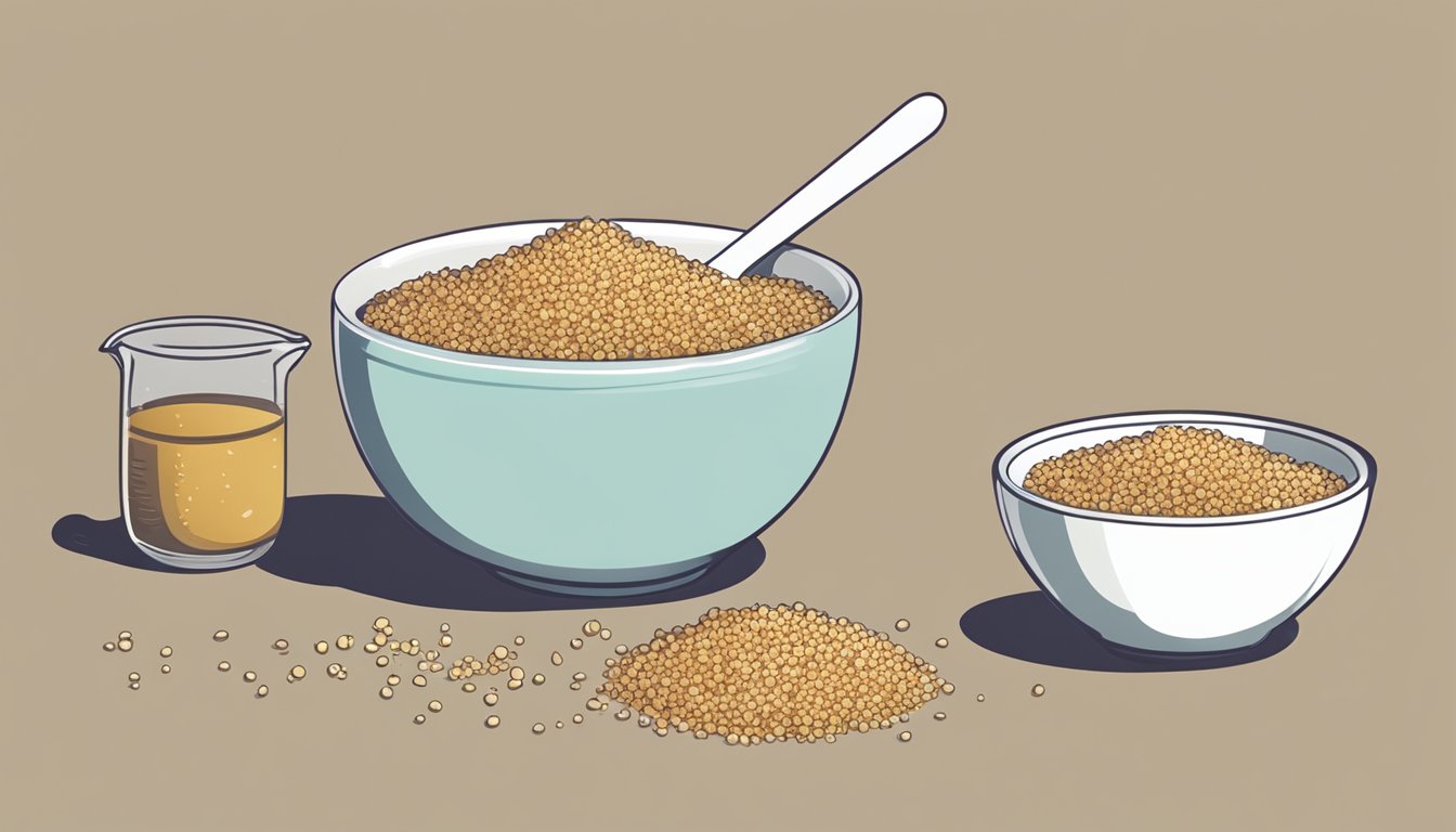 A bowl of cooked quinoa with a spoon next to a pot of boiling water and a measuring cup of quinoa