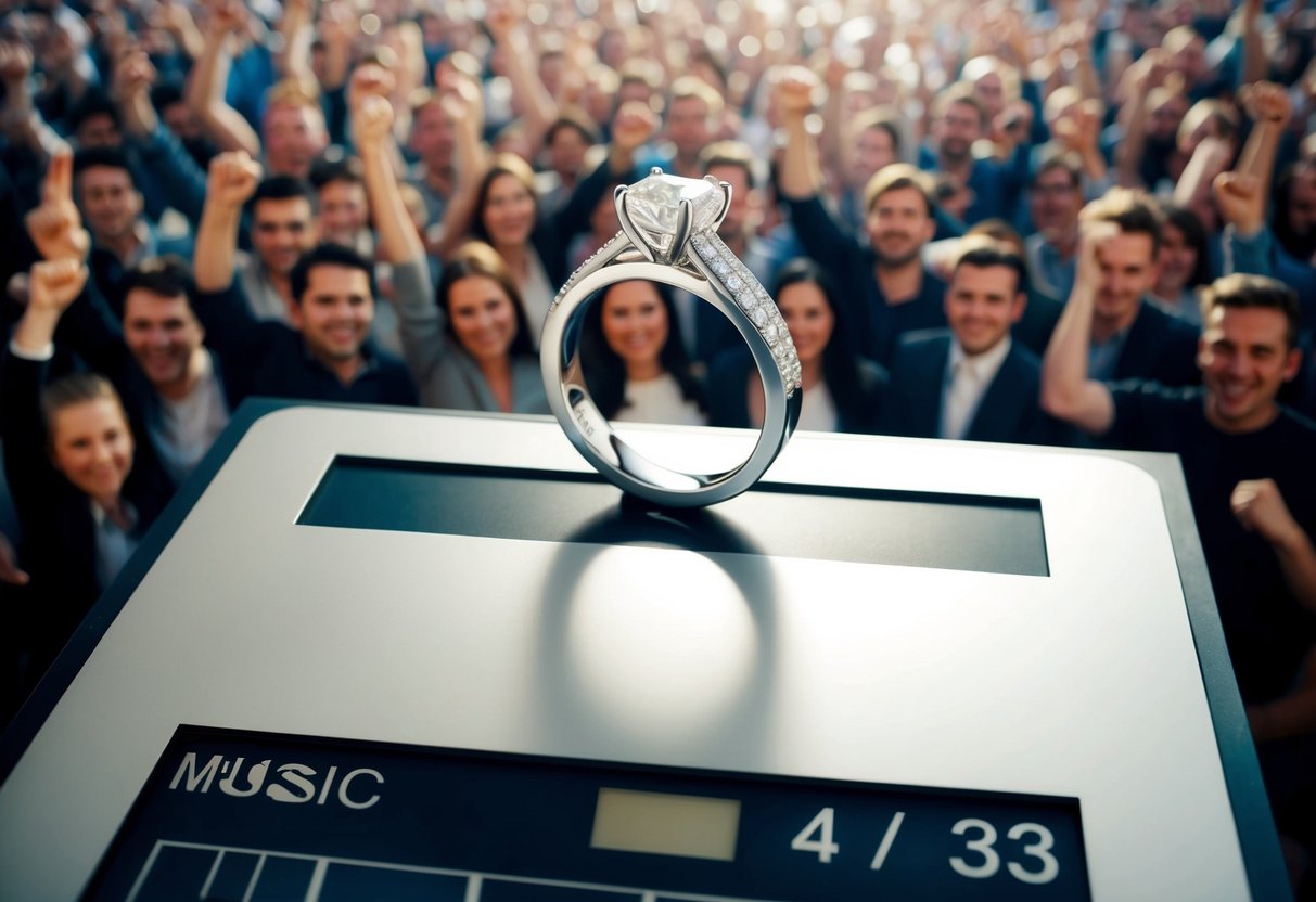A wedding ring placed on top of a music chart, surrounded by a crowd of cheering fans