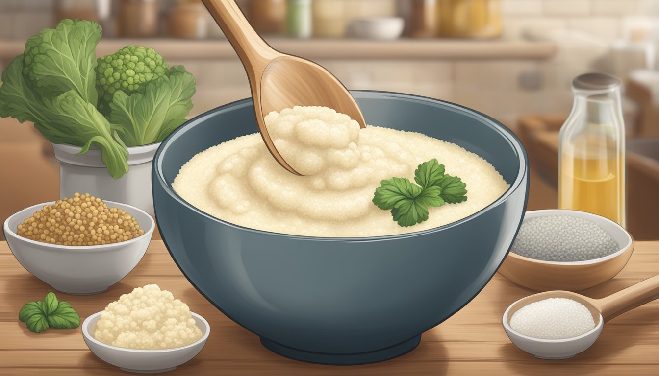 A bowl of creamy grits being stirred with a wooden spoon, with alternative ingredients such as cauliflower or quinoa displayed nearby