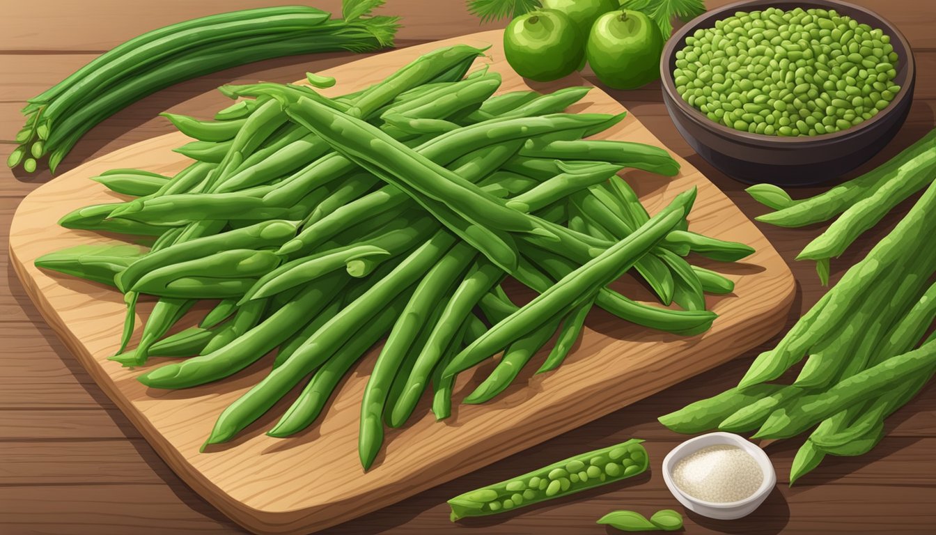 A pile of fresh green beans next to a variety of vegetable substitutes, such as broccoli and asparagus, on a wooden cutting board