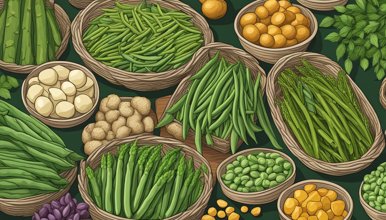 A basket of fresh green beans next to a pile of alternative options such as asparagus, broccoli, and snap peas