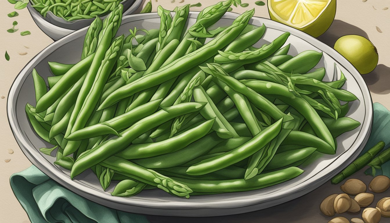 A bowl of fresh green beans surrounded by alternative ingredients like asparagus, broccoli, and snap peas