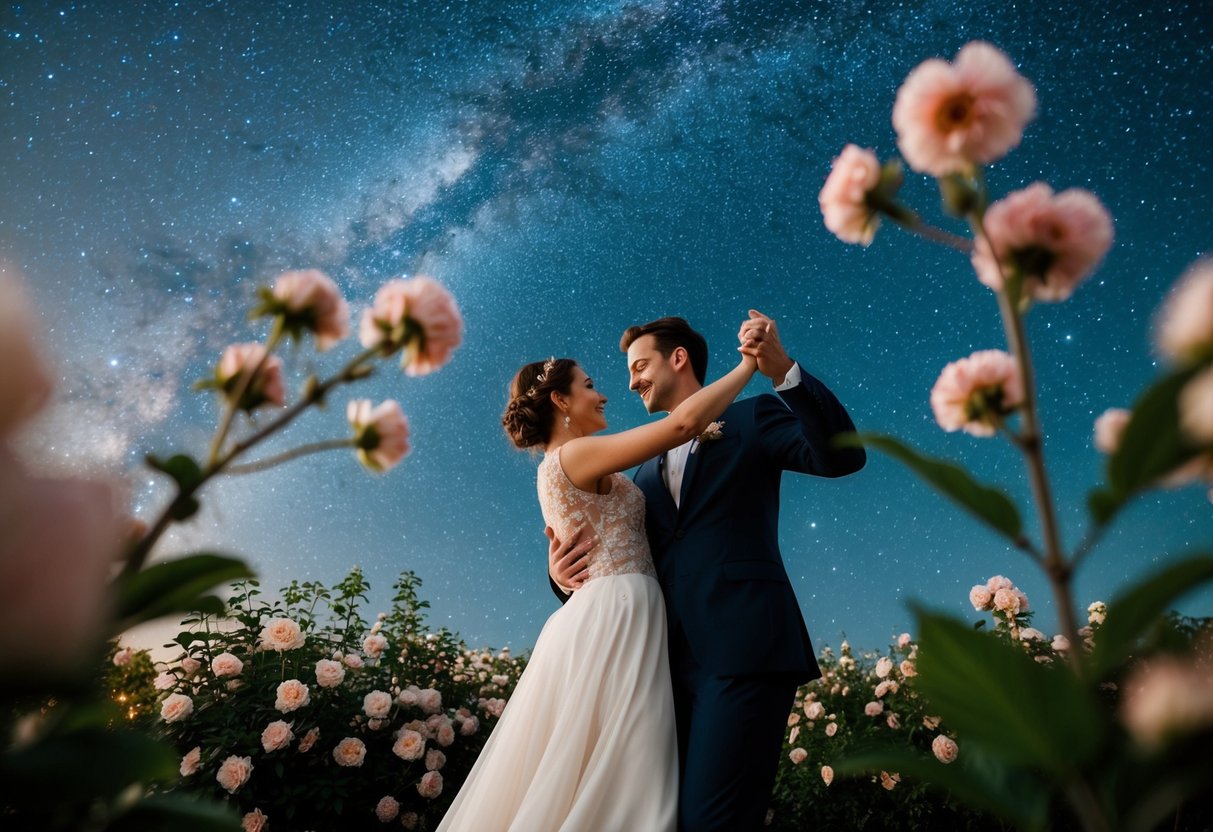 A couple dancing under a starry sky, surrounded by blooming flowers and a gentle breeze