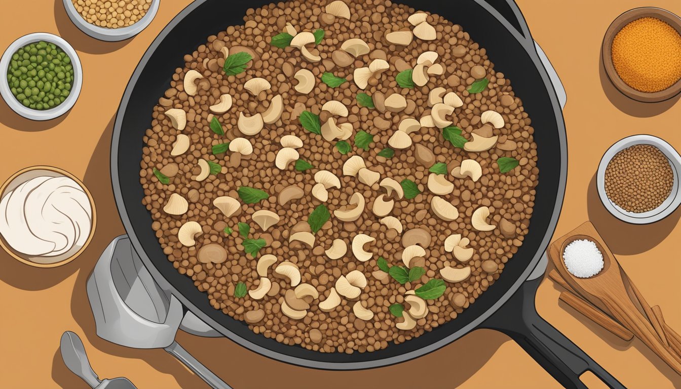 A chef sautés a mix of chopped mushrooms, lentils, and spices in a skillet to create a vegetable-based substitute for ground pork