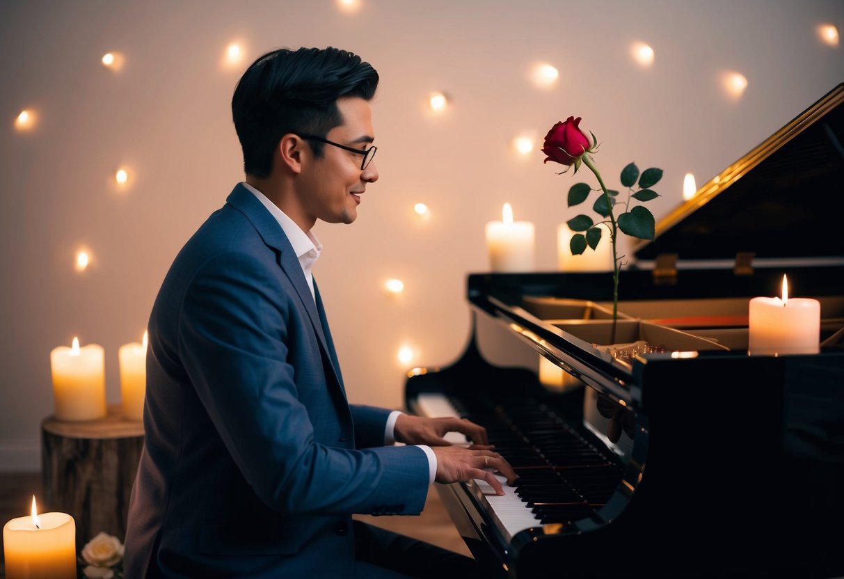 A musician playing a heartfelt melody on a grand piano, surrounded by glowing candles and a single red rose