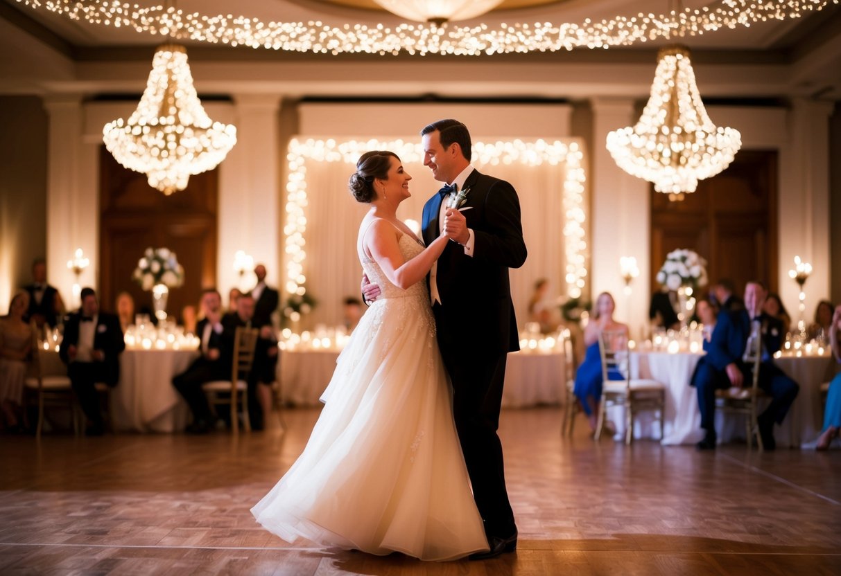 A couple dances in a dimly lit ballroom, surrounded by twinkling lights and elegant decor. Music fills the air as they move gracefully across the floor