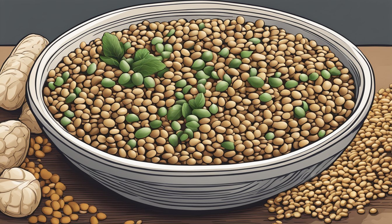 A bowl of mixed legumes and grains with a pile of ground pork substitutes next to it