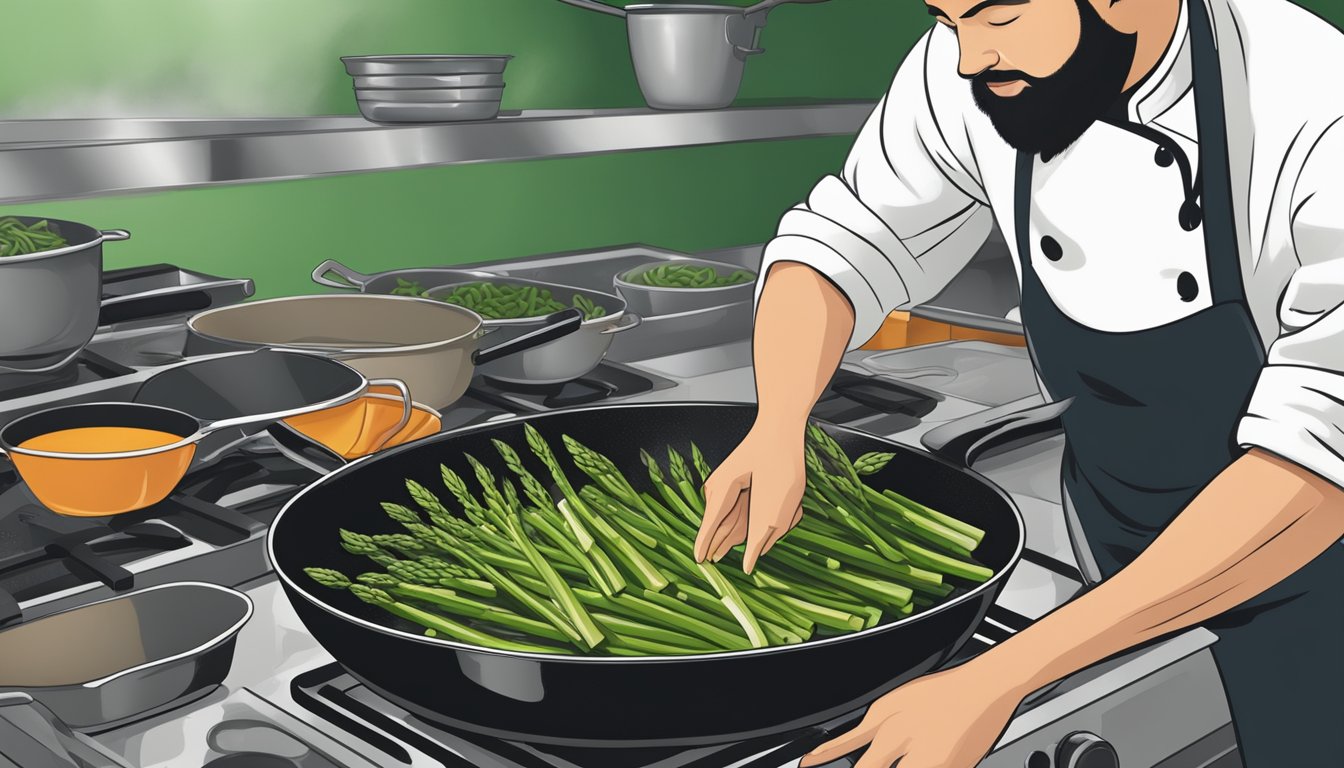 A chef adding sliced asparagus to a sizzling pan of stir-fry, replacing green beans in the recipe