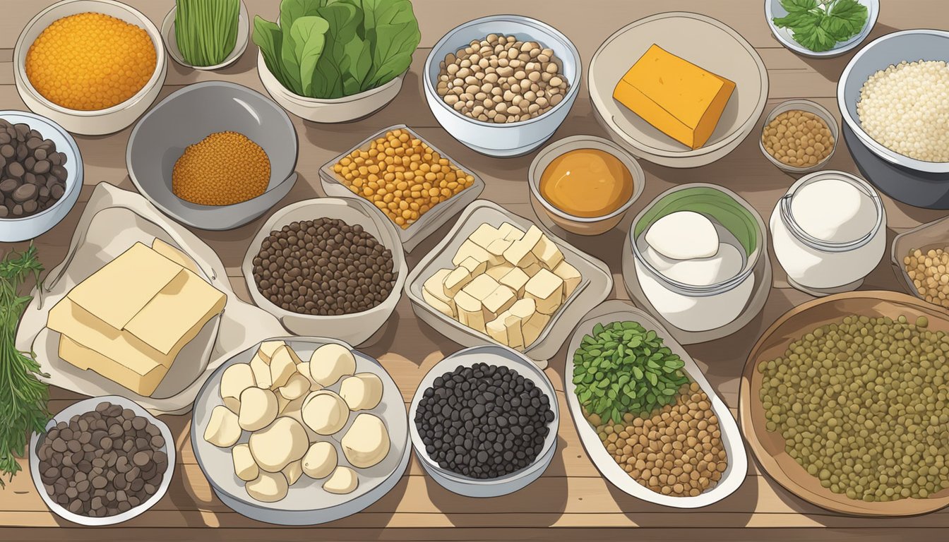 A variety of ingredients such as tofu, mushrooms, and lentils arranged on a kitchen counter