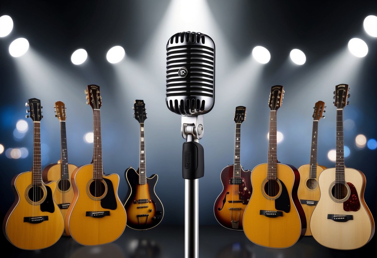 A microphone stands on a stage surrounded by musical instruments representing various genres, all converging towards a single spotlight