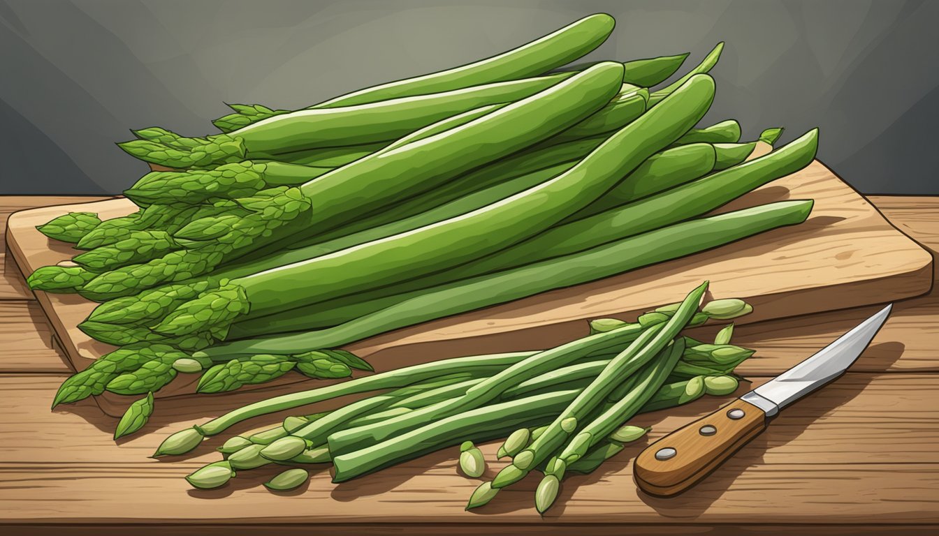 A variety of green bean substitutes arranged on a rustic wooden table, including asparagus, snap peas, and zucchini, with a chef's knife and cutting board nearby