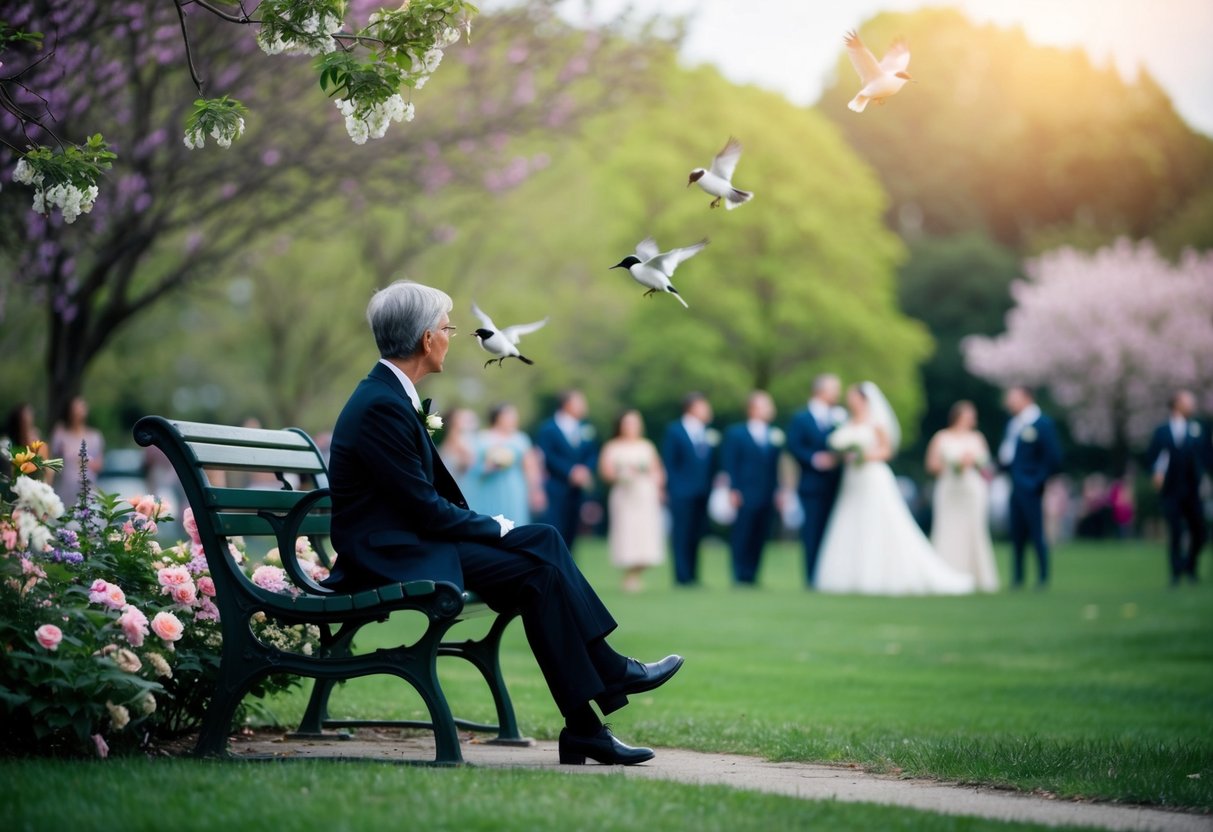 A lone figure sits on a park bench, surrounded by blooming flowers and chirping birds, gazing wistfully at a wedding party in the distance