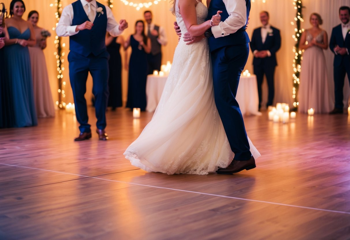 A couple swaying on a dimly lit dance floor, surrounded by soft candlelight and romantic decor. The music fills the air as they share their first dance as newlyweds