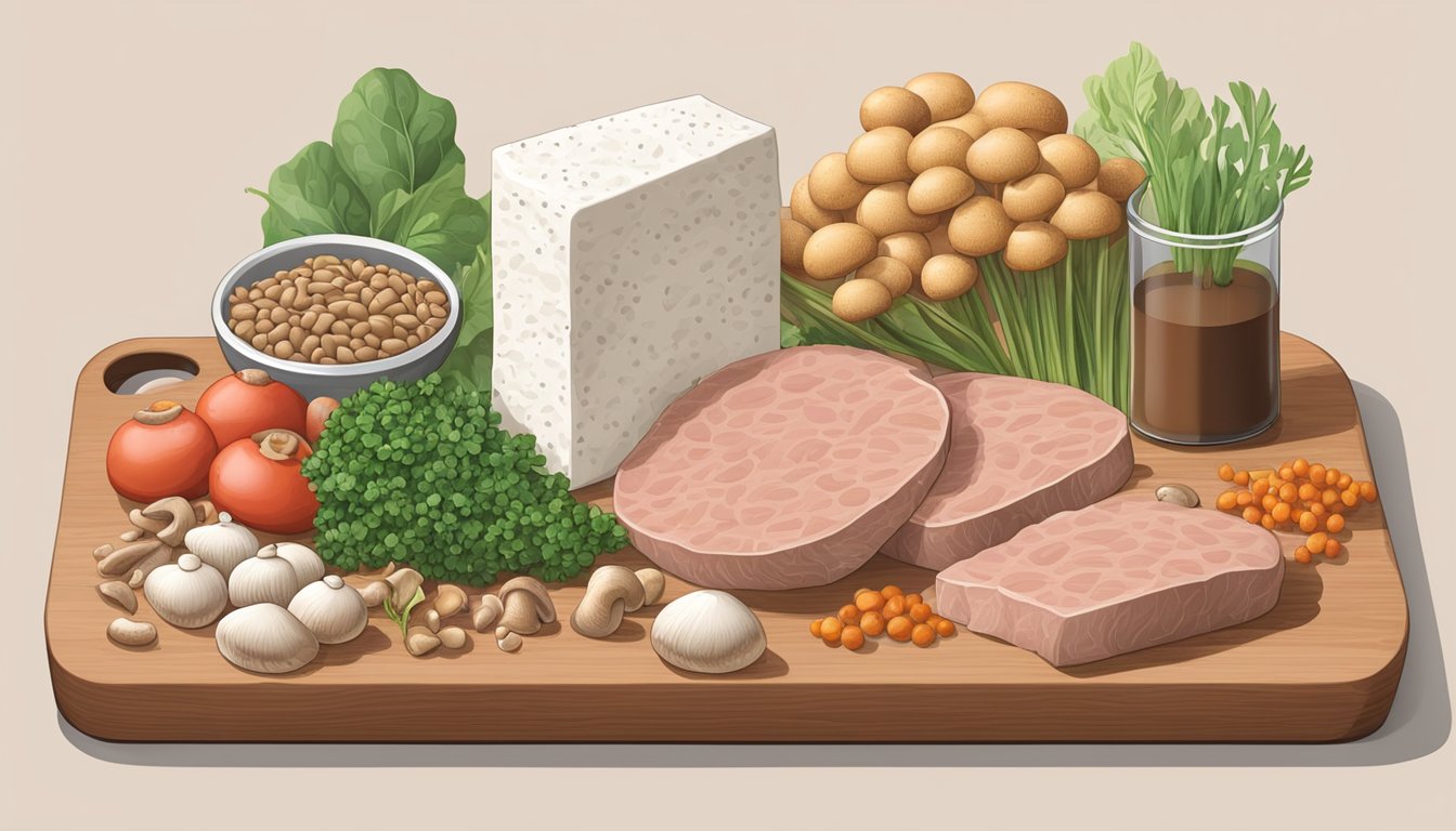 A cutting board with various ingredients like mushrooms, tofu, and lentils arranged next to a package of ground pork