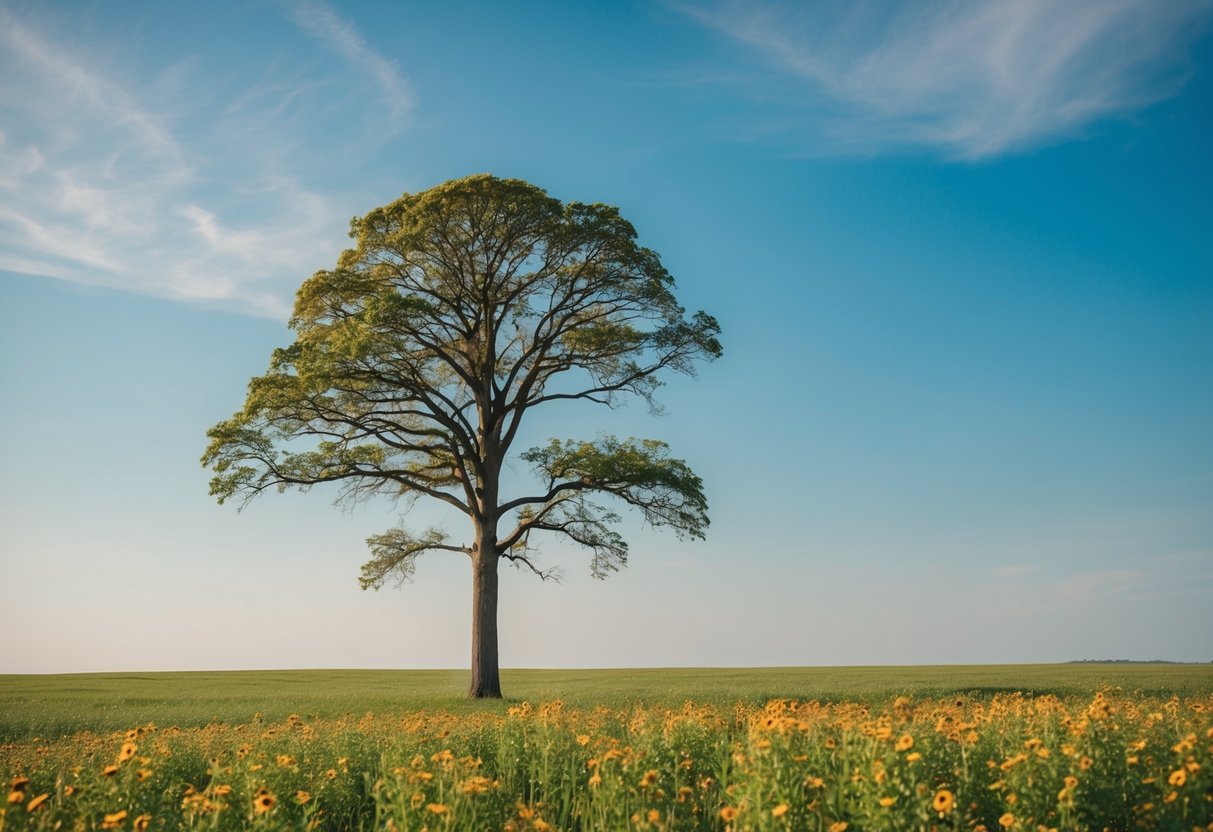 A lone tree standing tall in a vast, open field, surrounded by colorful flowers and a serene, blue sky above