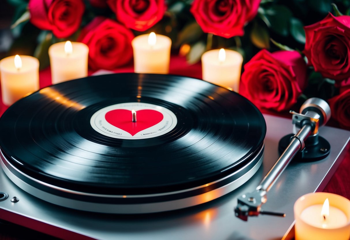 A heart-shaped vinyl record spinning on a turntable, surrounded by blooming red roses and glowing candles