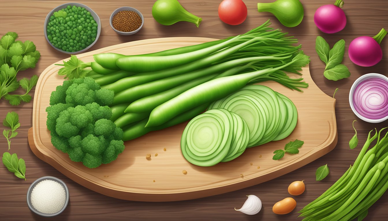 A vibrant green meat radish surrounded by various vegetable substitutes on a wooden cutting board