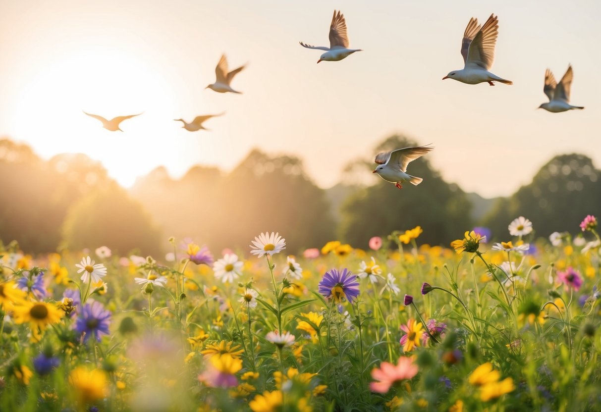 A serene, sunlit meadow with colorful flowers and a gentle breeze, where birds sing harmoniously in the air