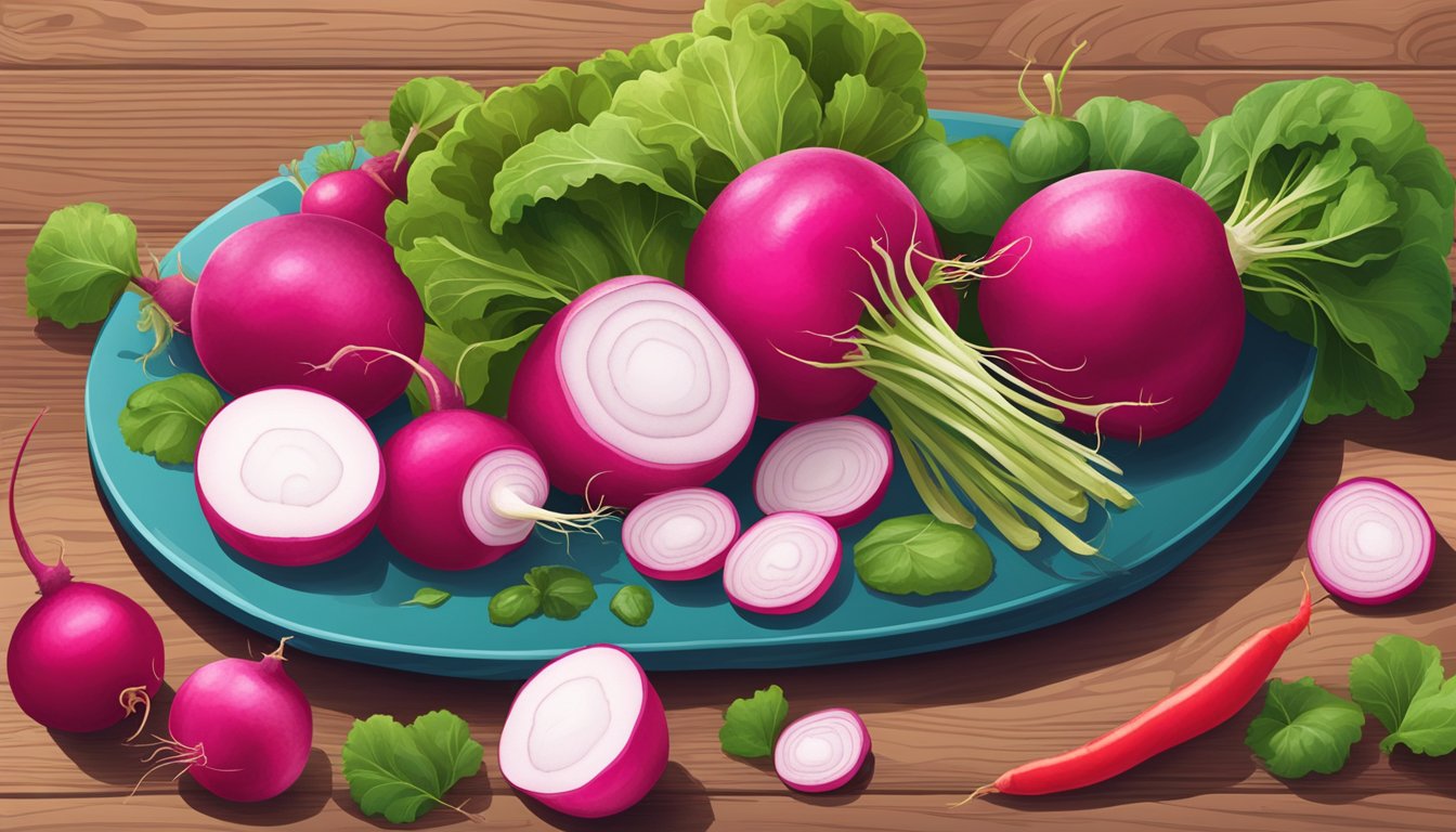 A vibrant array of radishes, including green meat and substitutes, displayed on a wooden table