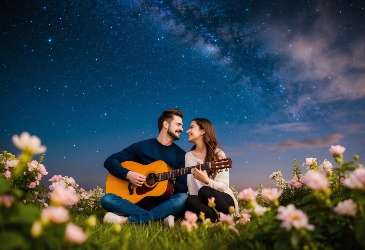 A couple sitting under a starry sky, surrounded by blooming flowers and a gentle breeze, serenading each other with a guitar and singing sweet love songs