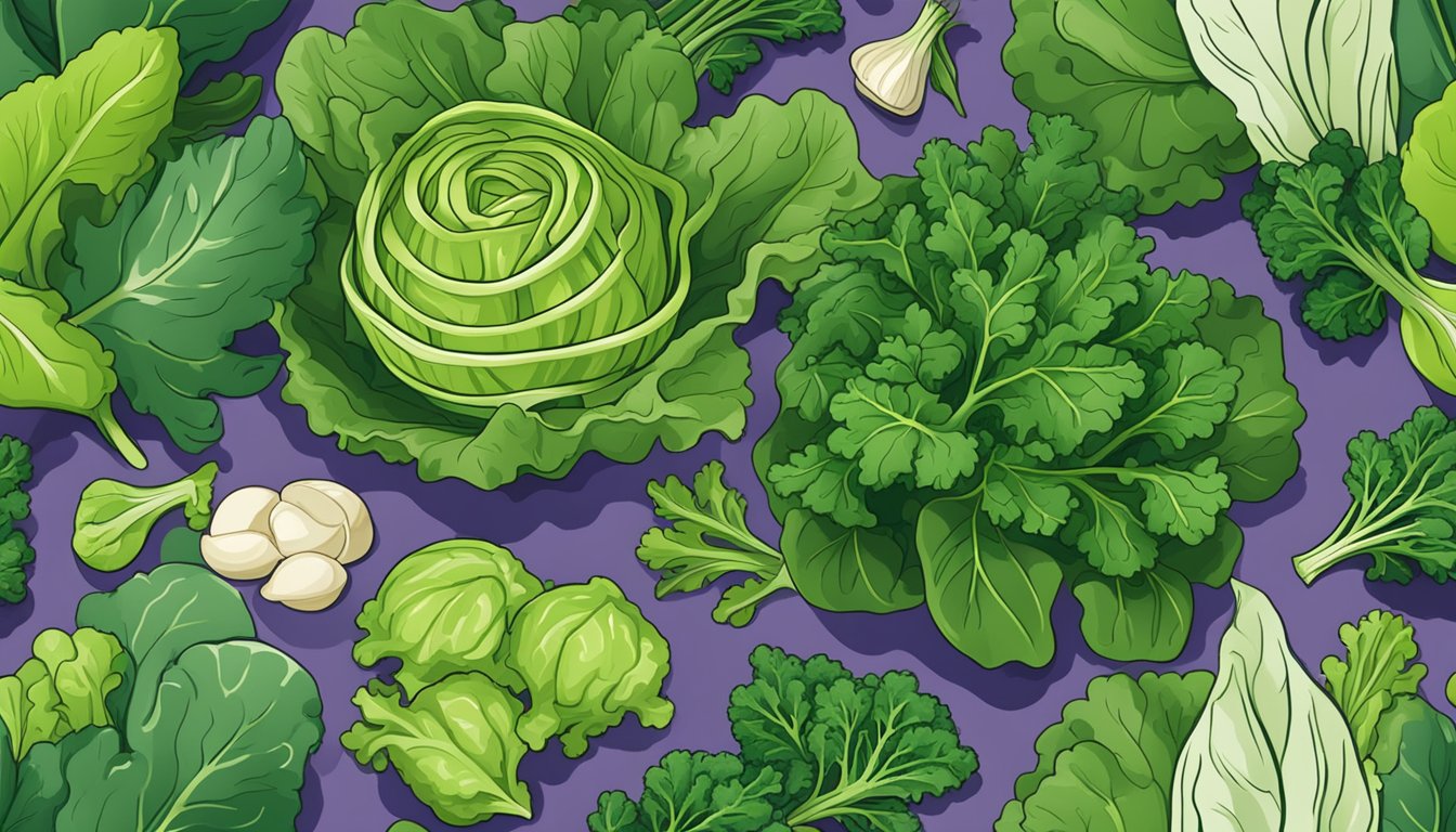 A vibrant assortment of leafy green vegetables, including kale, spinach, and arugula, arranged in a colorful display