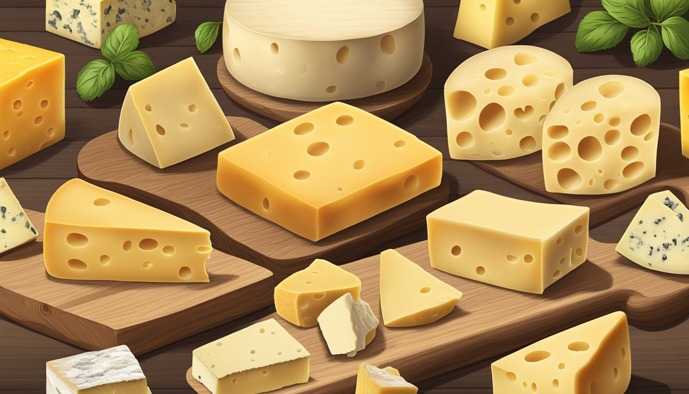 A variety of cheese options displayed on a wooden board, including Gruyère alternatives such as Emmental, Comté, and Swiss cheese