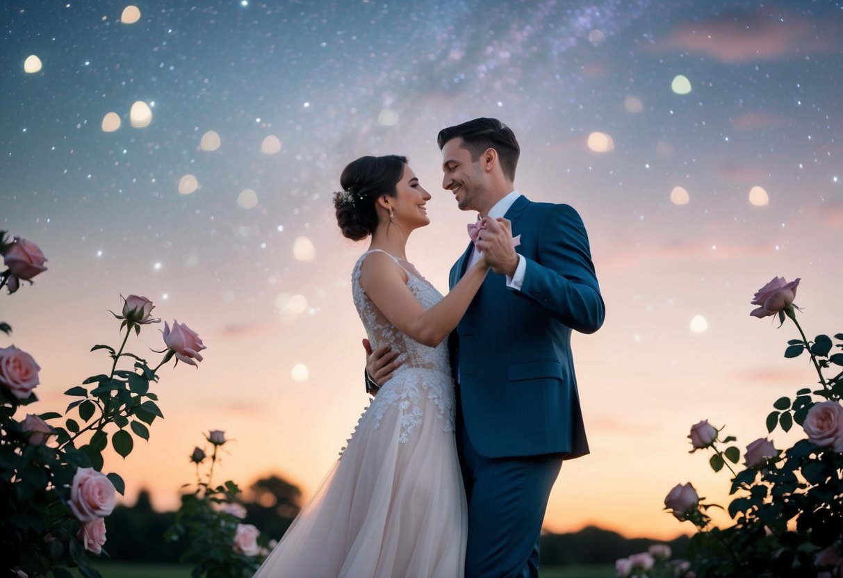 A couple dancing under a starry sky, surrounded by blooming roses and a soft, glowing light
