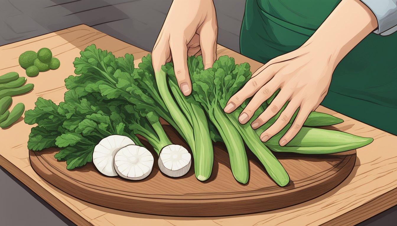 A hand reaching for various green vegetables, including green meat radish, on a wooden cutting board