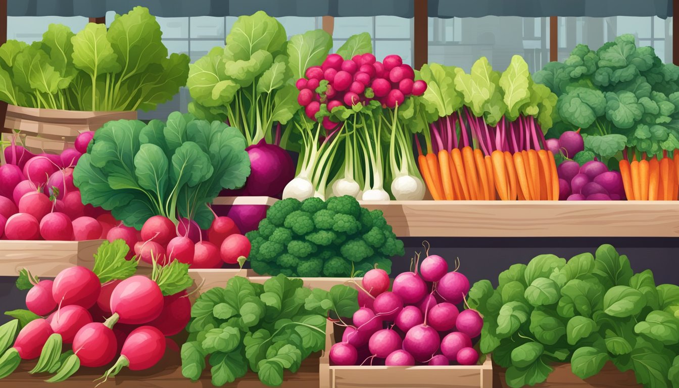 A vibrant market stall displays a variety of fresh radishes and their green leafy tops, along with colorful substitutes such as kale and spinach