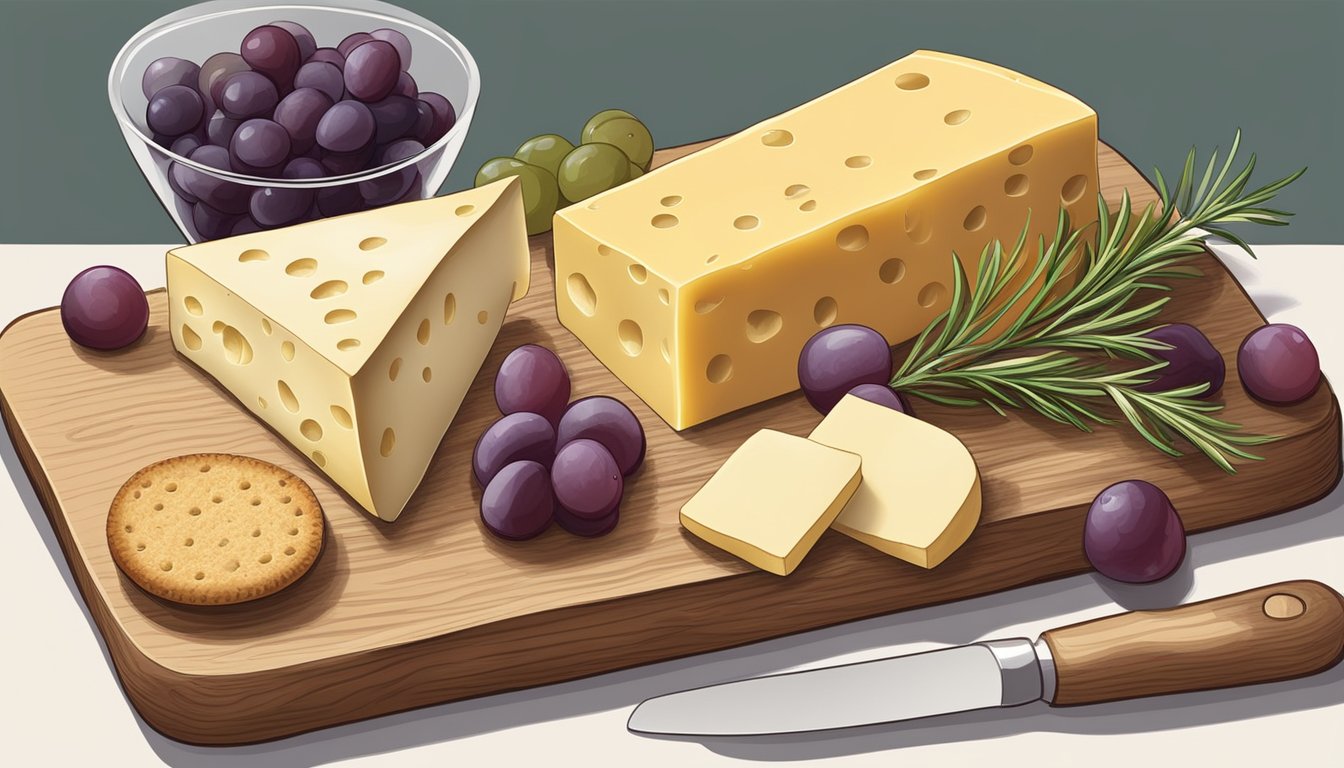 A wooden cheese board with sliced gruyere substitutes, accompanied by crackers, grapes, and a sprig of rosemary