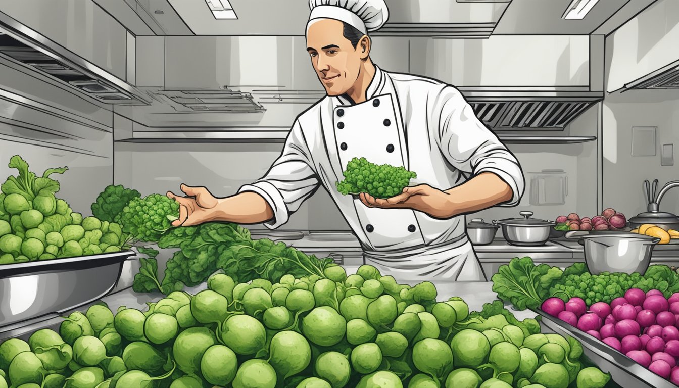 A chef reaching for a vibrant bunch of green radishes as a substitute for meat in a bustling kitchen