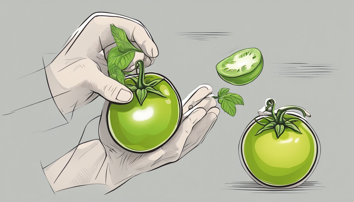 A person holding a green tomato and considering various substitutes