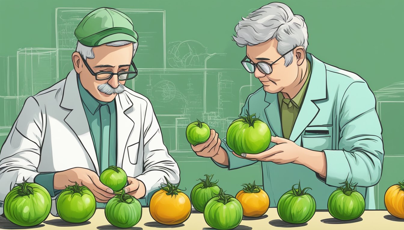 A scientist examines green tomatoes, comparing their taste and texture to other food substitutes