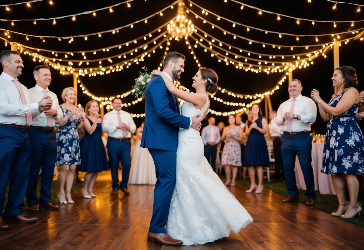 A couple dances under a canopy of twinkling lights, surrounded by their loved ones, as a romantic song fills the air