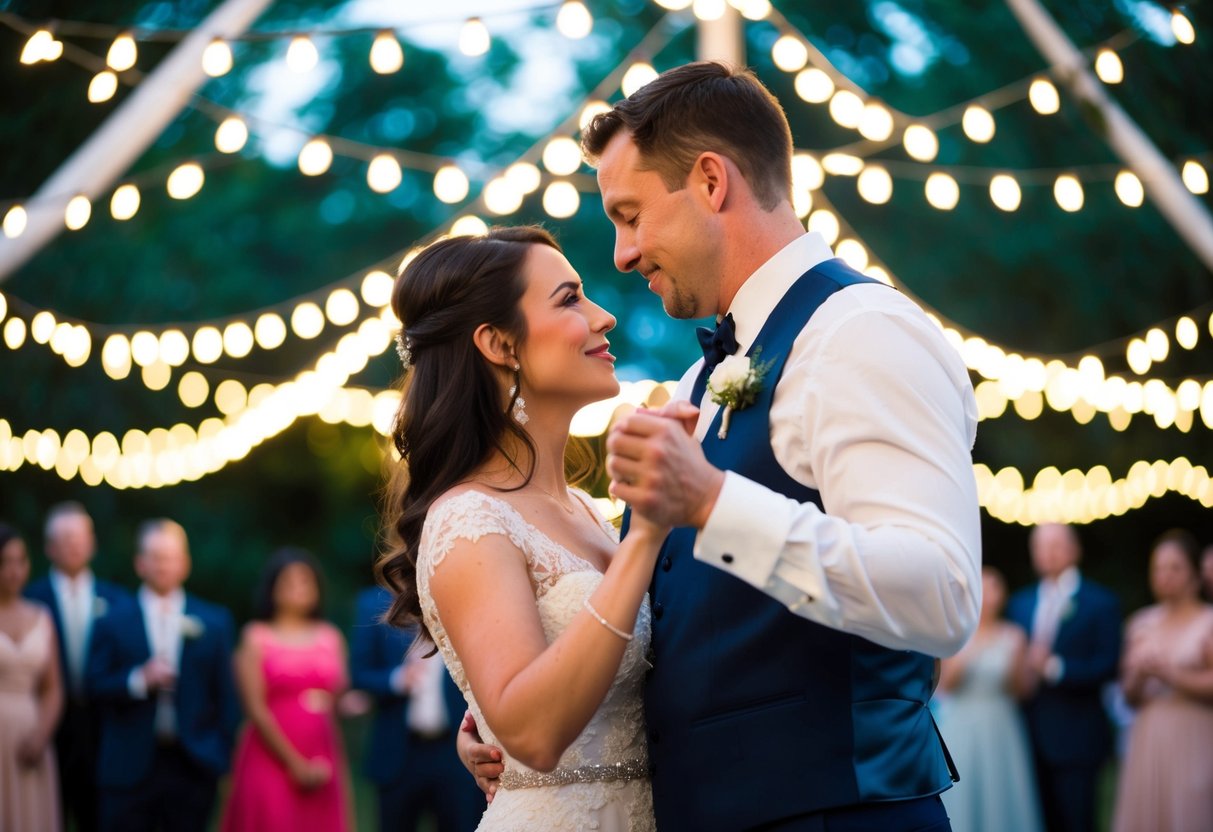 A couple sways under a canopy of twinkling lights, lost in each other's gaze, as their first dance unfolds to the romantic melody of their favorite song