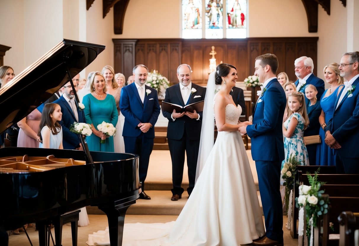 A bride and groom stand at the altar, surrounded by family and friends. A musician plays a soft melody on a grand piano as the couple exchange vows