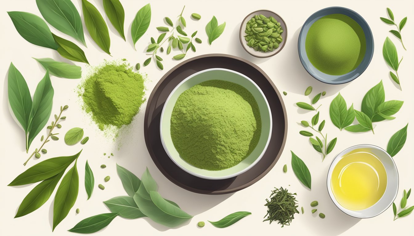 A bowl of green tea powder surrounded by various alternative ingredients like matcha, loose leaf green tea, and powdered sencha