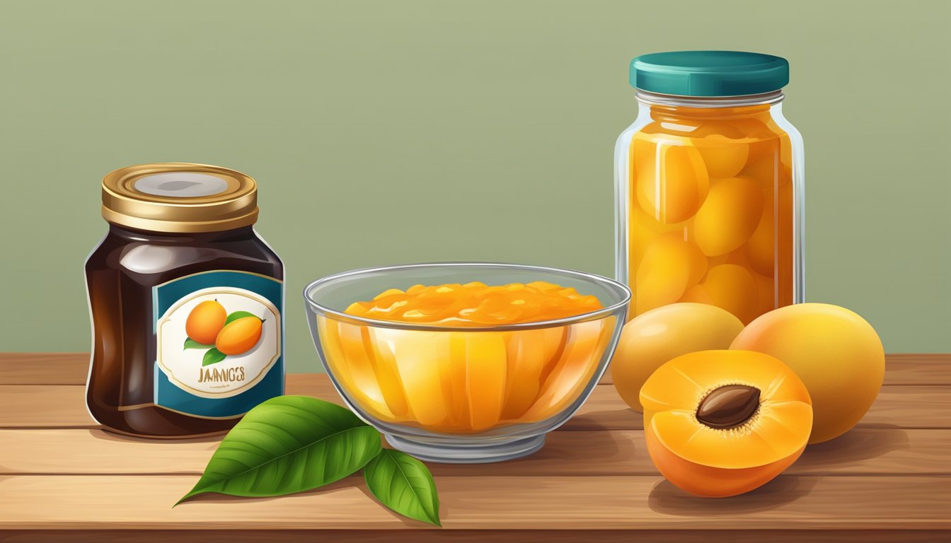 A bowl of ripe mangoes and a jar of apricot jam on a wooden table