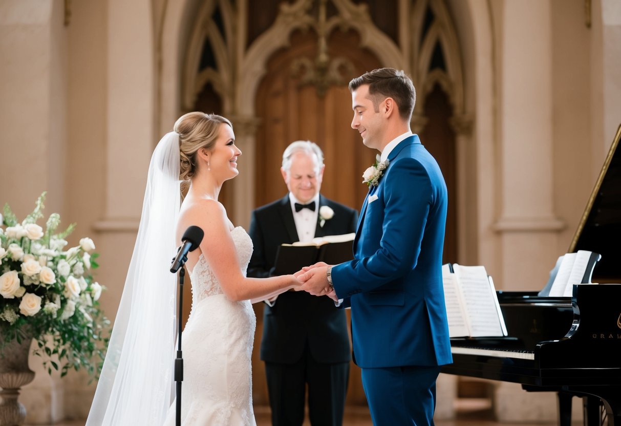 A bride and groom stand at the altar, exchanging vows as a musician plays a soft melody on a grand piano in the background