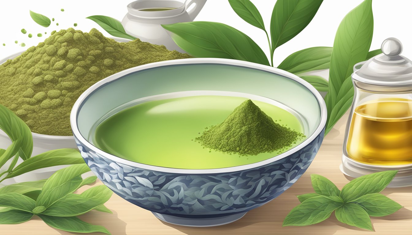 A variety of alternative ingredients arranged around a bowl of green tea powder, including matcha, sencha, and hojicha