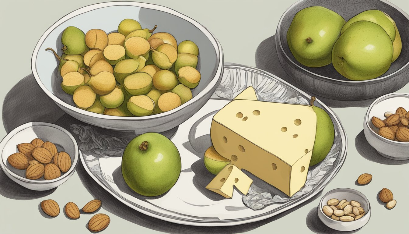 A bowl of guavas next to a spread of complementary foods like cheese, nuts, and crackers