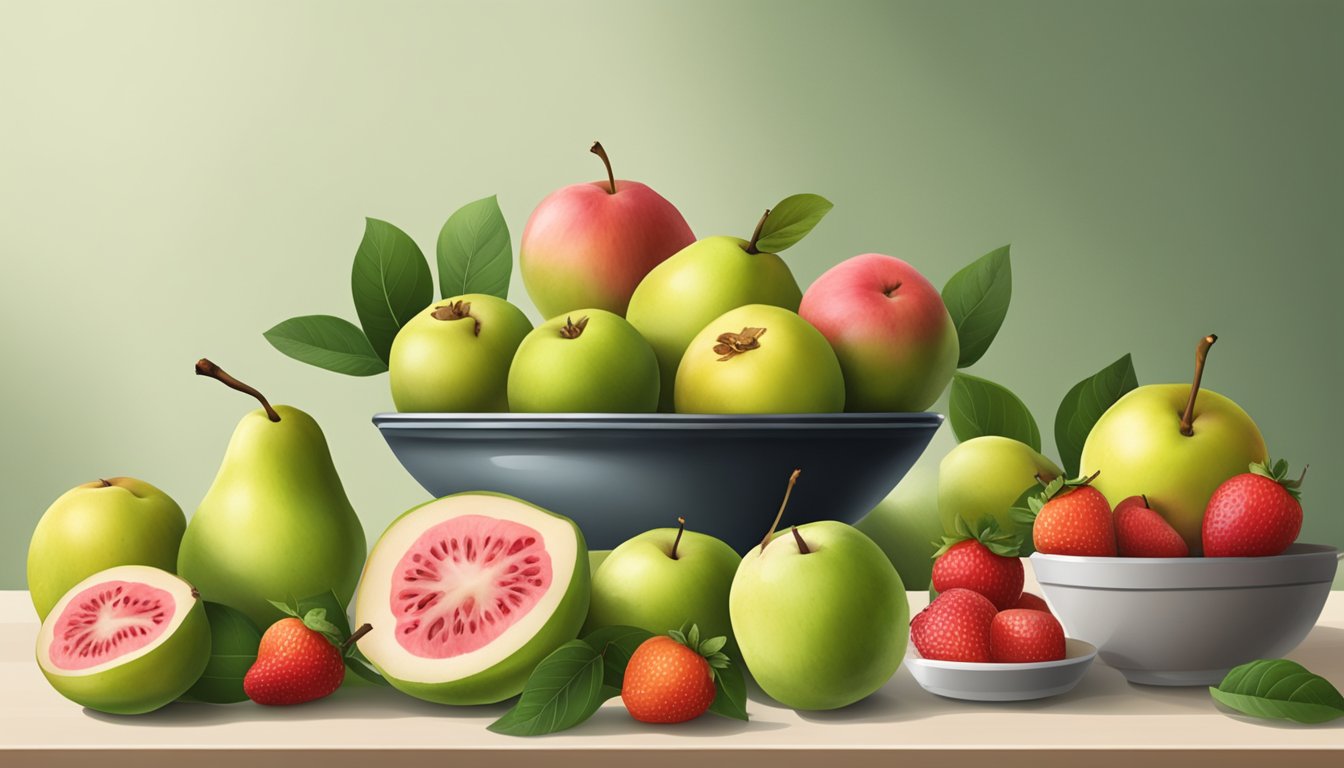 A table filled with fresh guavas, a knife, and various ingredients like apples, pears, and strawberries