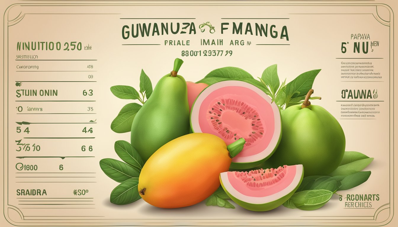 A colorful array of guava, mango, and papaya, surrounded by a variety of fresh herbs and vegetables, with a nutrition label and health benefits listed nearby